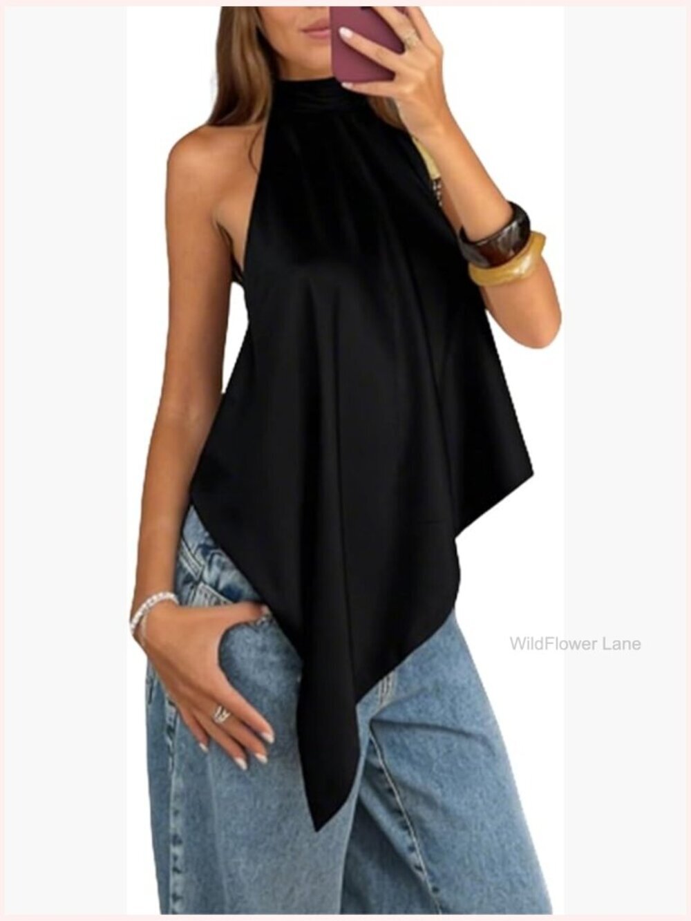 Halter Neck Backless Satin Camisole Sleeveless Asymmetrical Hem Blouse